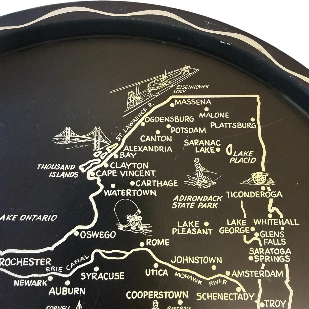 Vintage Mid Century New York Map Metal Souvenir  Cocktail Tray Wild Rose 11